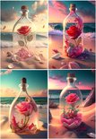 4 stuks Diamond Painting Valentijnsdag 30 x 40 cm Diamond Painting Landschap Strand en Zee 3D Ai Diamond Painting Rose in Fles Volwassenen Crystal Strass Borduurwerk Kruissteek Borduurset Volwassenen