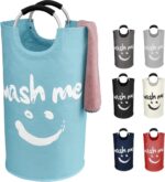 Opvouwbare wasmand 91L, grote wasmand, wasmand, stoffen waszak met handgrepen, handdoekopbergmanden voor hotels - wassorteerder, opbergmand met Wash Me Smiley 38x38x72cm (blauw)