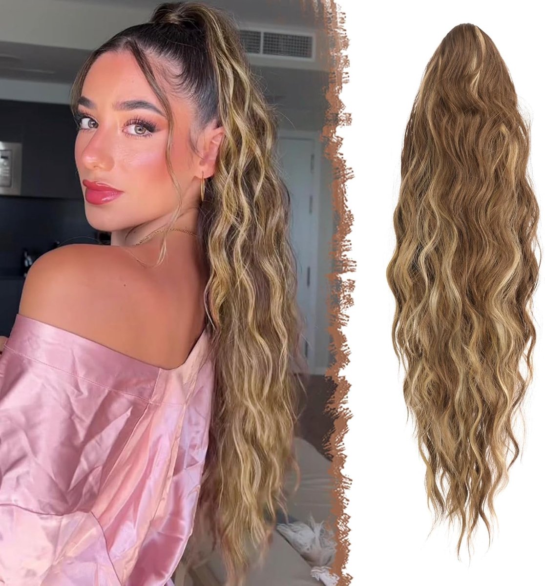 1116x1200 Paardenstaart Extensions met Koord Lang As Blond Krullend Golvend Haarextensies Paardenstaartverlenging Synthetische Haarstukken Trekkoord Haarverlenging voor Vrouwen, 65 cm - Afbeelding 1