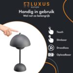 Tafellamp Louise – Grijs – Dimbaar, Draadloos & USB – Touch schakelaar – Oplaadbare Tafellamp – Tafellamp op Accu en Batterij – Bureaulamp – Tafellamp slaapkamer – Leeslamp – Nachtlampje – Tafellamp Binnen – Tafellamp voor Buiten – 30 CM - Afbeelding 5