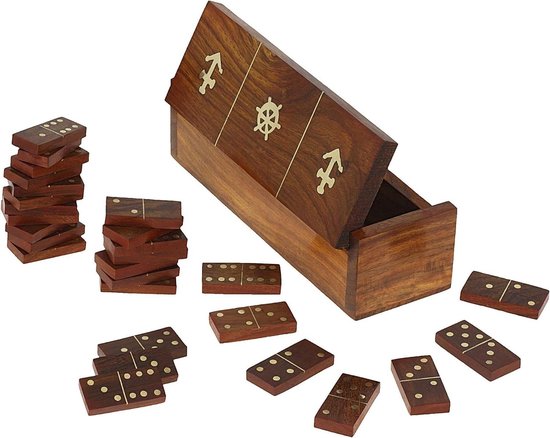 550x438 Handgemaakte Domino Game Set - Houten Decoratieve Opbergdoos Met Messing Inlay - Grootte 7.75x2x2 Inch - Afbeelding 1