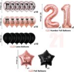 21e verjaardagsfeestdecoraties in zwart en roségoud - Happy Birthday-banner, wimpel, ballonnen, franjegordijnen, tafelkleed, taarttopper, hangende spiralen voor een prinsessenverjaardag voor meisjes - Afbeelding 4