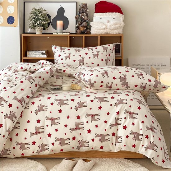 550x550 Kerstbeddengoed, 155 x 220 cm, wit, kleurrijk, kerstster, beddengoedset voor jongens en meisjes, kerstmotieven, dekbedovertrek, 100% microvezel, dekbedovertrek met ritssluiting en kussensloop - Afbeelding 1