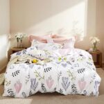 Lanqinglv Beddengoed 135 x 200 cm meisjes roze wit bloemen bladeren kinderbeddengoed hartjes van microvezel, Öko-Tex beddengoedset - dekbedovertrek met ritssluiting en 1 kussensloop 80 x 80 cm