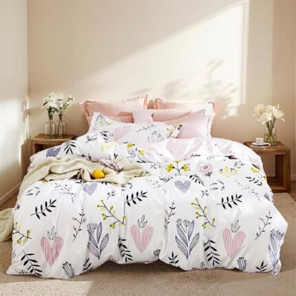 Lanqinglv Beddengoed 135 x 200 cm meisjes roze wit bloemen bladeren kinderbeddengoed hartjes van microvezel, Öko-Tex beddengoedset - dekbedovertrek met ritssluiting en 1 kussensloop 80 x 80 cm