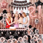 21e verjaardagsfeestdecoraties in zwart en roségoud - Happy Birthday-banner, wimpel, ballonnen, franjegordijnen, tafelkleed, taarttopper, hangende spiralen voor een prinsessenverjaardag voor meisjes - Afbeelding 2