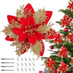 12 stuks kerst glitter kerstster bloemen glitter kunstmatige kerstbloemen bruiloft kerst glitter kerstster kunstbloem kerstboom Nieuwjaar ornamenten met 12 stuks clips (goud+rood)