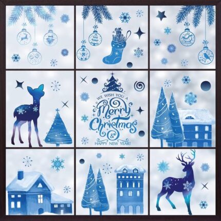 Kerst Raamstickers 9 Vellen, Sneeuwvlokken Rendier, Kerstboom, Huis Raamstickers Dubbelzijdige Stickers voor Glas, Deur, Koelkast, Spiegels, Feest, Huisdecoraties