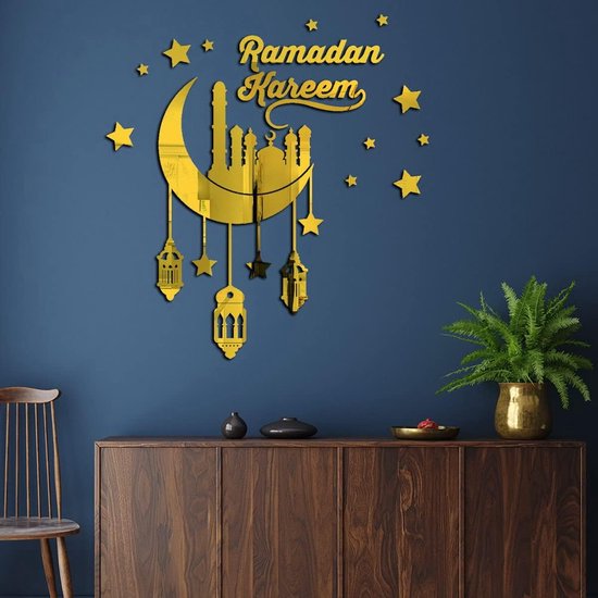 550x550 Ramadan Decoraties Voor Thuis Stickers, Eid Mubarak Decor Acryl Venster Muur Sticker, Moslim Thuis Feestdecoratie Accessoires Ornament (Goud) - Afbeelding 1