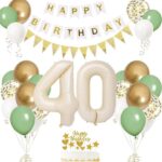 40e verjaardag decoraties voor mannen vrouwen, 40e verjaardag ballonnen met nummer 40 folieballon salie groen wit gouden ballonnen gelukkige verjaardag banner verjaardag taart topper voor 40e