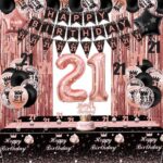 21e verjaardagsfeestdecoraties in zwart en roségoud - Happy Birthday-banner, wimpel, ballonnen, franjegordijnen, tafelkleed, taarttopper, hangende spiralen voor een prinsessenverjaardag voor meisjes