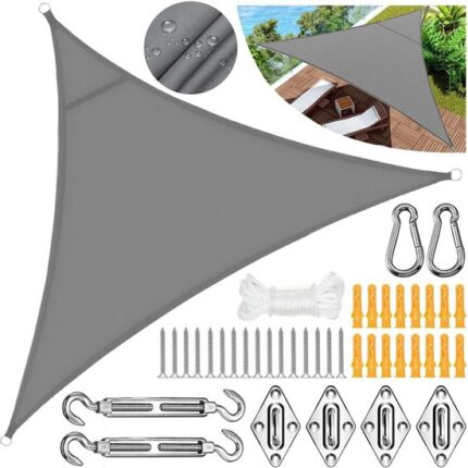 Zonnezeil, driehoekig, 3 x 3 x 3 m , PES polyester, waterdicht, zonwering op balkons, tuinen en terrassen, grijs