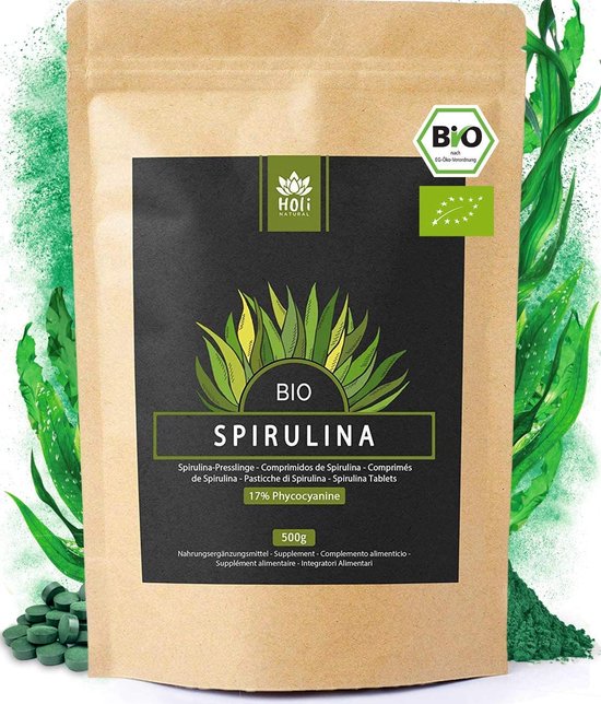 550x644 Holi Natural® BIO Spirulina tabletten | 500 mg per persling | 1000 tabletten | laboratoriumgeteste premium kwaliteit met 17% phycocyaninegehalte | hoge dosering, zonder toevoegingen en veganistisch - Afbeelding 1