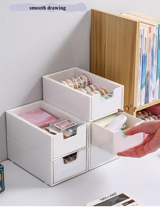 550x711 Stapelbare desktop-organizer, ladebox, vrij combineerbaar, bureau-opslag, gebruiksvoorwerpen, make-up, cosmetica, sieraden, opbergladen, elk 18,5 x 11,5 x 7 cm, wit - Afbeelding 1