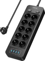 10-voudige stekkerdoos met 4 USB-oplaadpoorten - voor wandmontage - 3680 W - 5 V 3.1 A 155 W - 2 m kabel - zwart