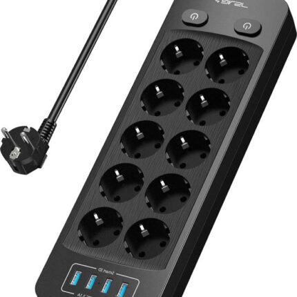 10-voudige stekkerdoos met 4 USB-oplaadpoorten - voor wandmontage - 3680 W - 5 V 3.1 A 155 W - 2 m kabel - zwart