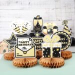 Verjaardag Honingraat Decoratie, Honingraat Centerpieces Zwart en Goud Verjaardag Tafel Toppers Tafeldecoraties 9 stuks - Afbeelding 3