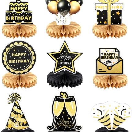 Verjaardag Honingraat Decoratie, Honingraat Centerpieces Zwart en Goud Verjaardag Tafel Toppers Tafeldecoraties 9 stuks