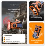 Noodradio solar & opwindbaar – 5000 mAh powerbank – Led zaklamp & leeslamp – Bluetooth – SOS alarm 115 dB – Waterdicht IPX5 – USB-C – Voor camping, stroomuitval & noodpakket – Oranje – Thousandtravelmiles - Afbeelding 3