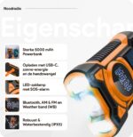 Noodradio solar & opwindbaar – 5000 mAh powerbank – Led zaklamp & leeslamp – Bluetooth – SOS alarm 115 dB – Waterdicht IPX5 – USB-C – Voor camping, stroomuitval & noodpakket – Oranje – Thousandtravelmiles - Afbeelding 4